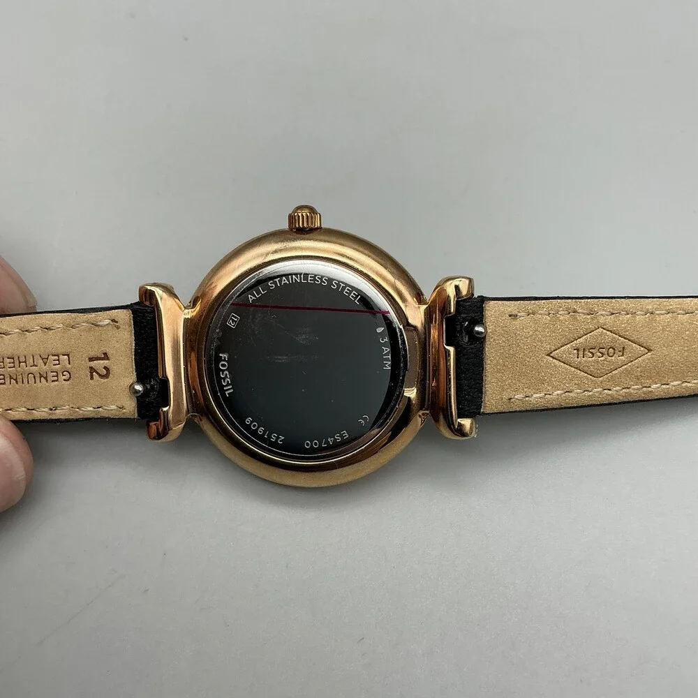 Fossil Carlie Womens Watch 28mm Black Dial Gold Tone Leather ES4700 New Battery